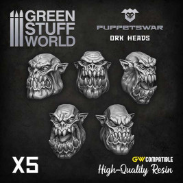 Puppetswar Resin Orc Heads – orkské hlavy (5 ks)